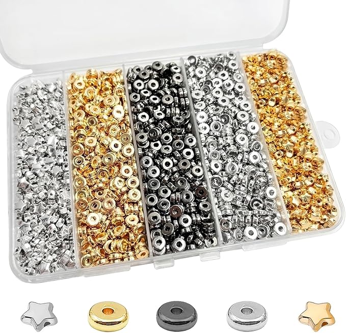 6mm Flat Round Spacer Beads, Clay Beads for Bracelets Making Kit, Heishi Polymer Flat Disc Spacer Beads for Jewelry Making, Clay Beads for Jewelry Making Gold Beads Silver (1700pcs（500star）)
