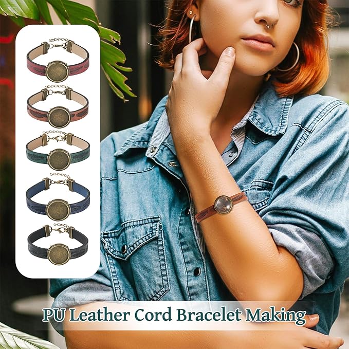 FASHEWELRY 5Pcs Adjustable Round Tray Bracelet Kits PU Leather Cord Bracelet Blanks Bezel Tray Settings with Round Glass Cabochons for Jewelry Making (Antique Bronze)