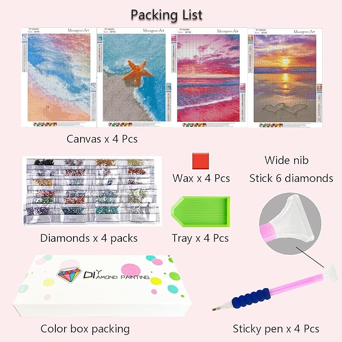 Muzagroo Art 4 Pack 5D Diamond Painting Kits for Adults DIY Drill Diamond Art Kits Arts and Crafts for Beginners Beach Diamond Dot Kits Gem Painting Wall Art for Living Room