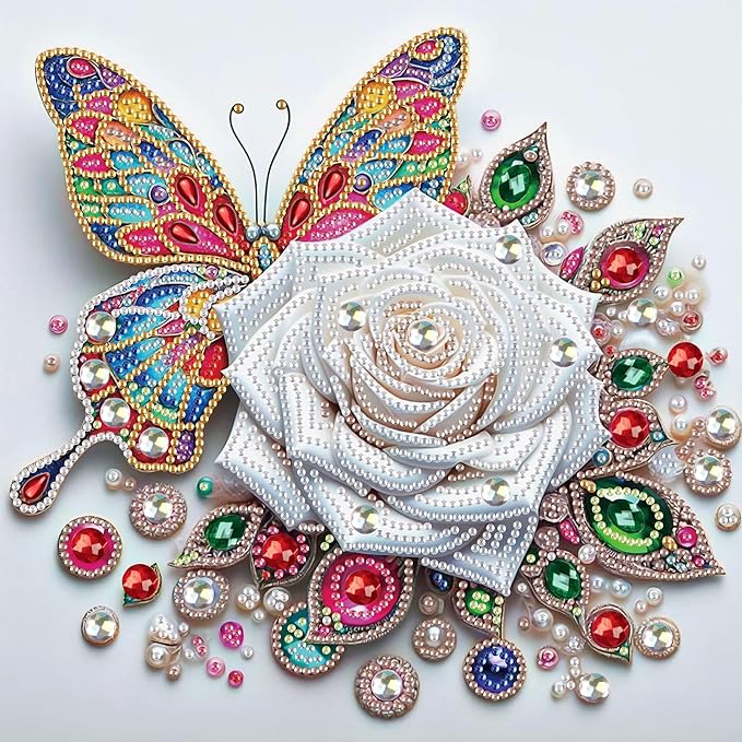 5D Special Shape Diamond Art Kits for Beginners, Diamond Painting Kits for Adults, Crystal Rhinestones Diamond Painting for Home Wall Decoration Gift 12×12 inch/30×30 cm, Butterfly and White Rose