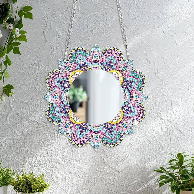 DIY Diamond Painting Mirror for Adults DIY Special Shaped Crystal Diamond Painting Kit Mandala Mirror Makeup Mirror Christmas Halloween Birthday Gifts Art Crafts Home Decor (Pink-Blue)