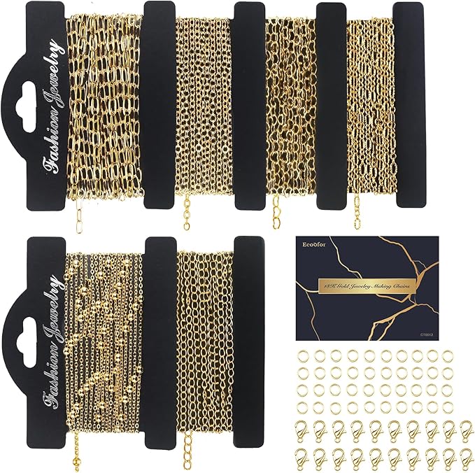 14k Gold Necklace Chains for Jewelry Making, Total 20 Feet 6 Rolls Bracelet Chains for DIY, 3.3 Feet Each Style, 14K Gold Plated Chain with Jump Rings/Lobster Clasps/Connectors