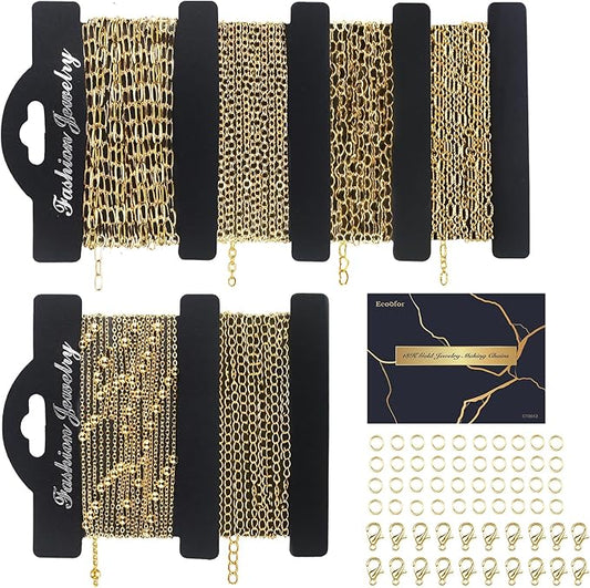 14k Gold Necklace Chains for Jewelry Making, Total 20 Feet 6 Rolls Bracelet Chains for DIY, 3.3 Feet Each Style, 14K Gold Plated Chain with Jump Rings/Lobster Clasps/Connectors