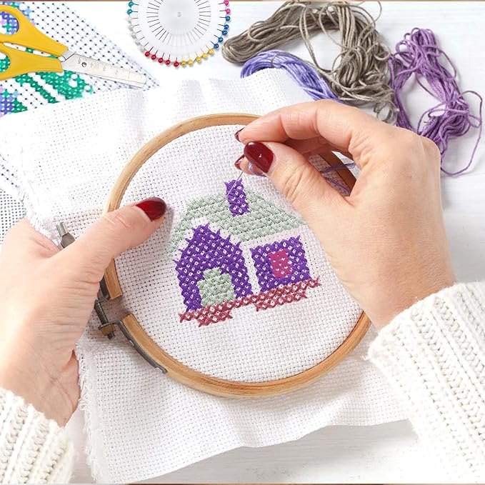 INSCRAFT 304 Pack Embroidery Kit, 200 Colors Threads, 5 Pcs Bamboo Embroidery Hoops, 2 Pcs Aida Cloth, Instructions, Bag and Cross Stitch Tools Set, Hand Embroidery Starter Kit for Beginners Adults