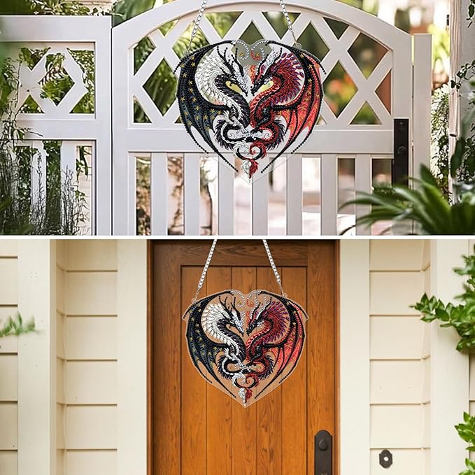 MXJSUA Two Dragons Diamond Painting Art Window Suncatchers, Diamond Art Kits for Adults Hanging Ornaments with Chain, 5D Special Shape Crystal Diamond Pendant Accessories for Decor Gift 8x8 Inch