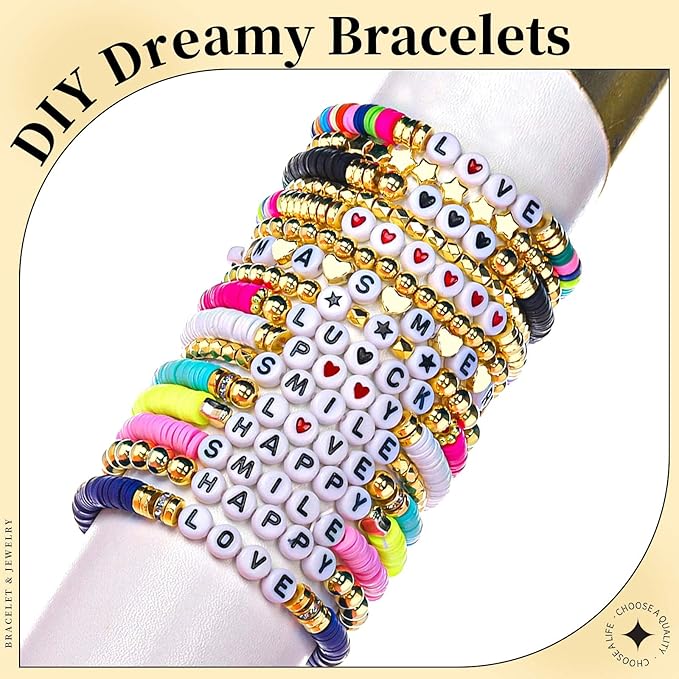 LEOBRO Letter Beads Bracelet Making Kit, Alphabet Beads for Bracelets, with Gold Bead and Elastic Bracelet Strings