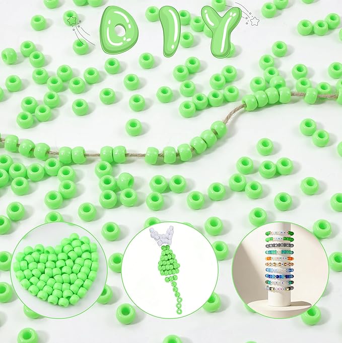 1000 Pc Boxed Fresh Green Pony Beads Bulk, 9MM Plastic Craft Beads with Large Hole, Green Hair Bead for Braids, Bracelet Bead for Jewelry Making