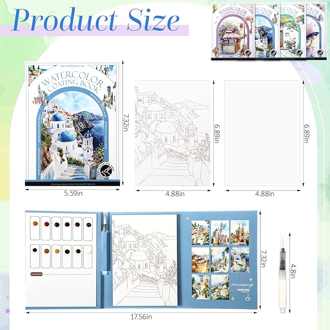 Dunzoom 64 Sheets Watercolor Coloring Book 4 Pack Water Color Workbook Paper Paint Set with 12 Colors Paint Cakes and Brushes for Adults Beginners Art Painting Supplies (Butterfly&House)