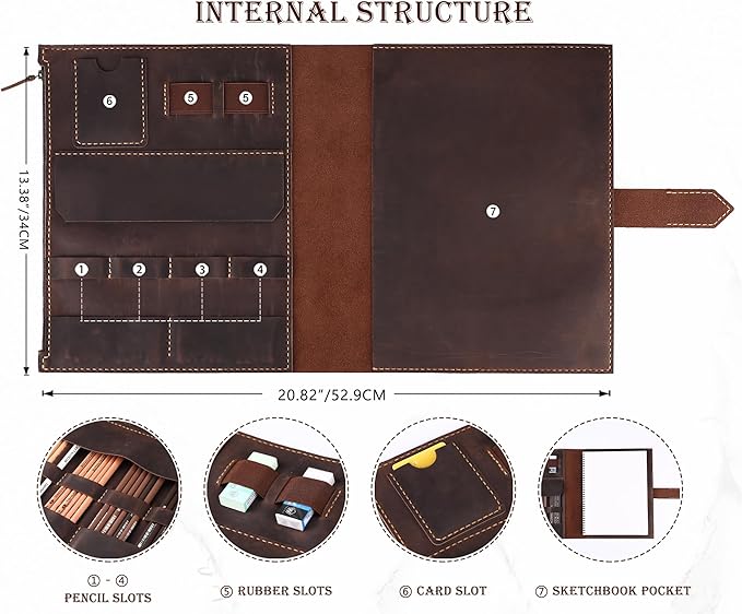 Leather Sketchbook Cover for A4/9"x12" sketch pads - Handmade Genuine Leather Artist Case with Pencil Holder & Zipper Pocket, Professional Drawing Supplies (D.Brown, 9"x12")