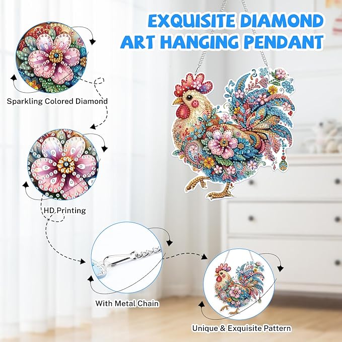 Bowetile Hanging Diamond Art Chicken Kits for Adults, 5D Special Shape Diamond Painting Rooster Pendant Kits, Animal Gem Art Suncatchers Painting Ornament for Home Garden Wall Window Decor