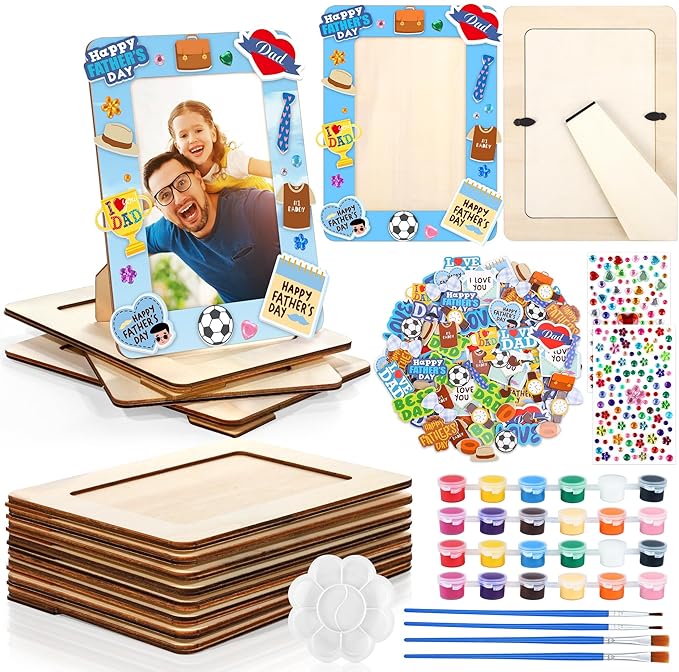 Fovths 12 Packs Father's Day Picture Frame Painting Craft Kit Wooden DIY Photo Frame for 4 x 6 inch Photo with 100 Stickers Rhinestone Stickers 4 Brushes Set for DIY Paint and Decorate