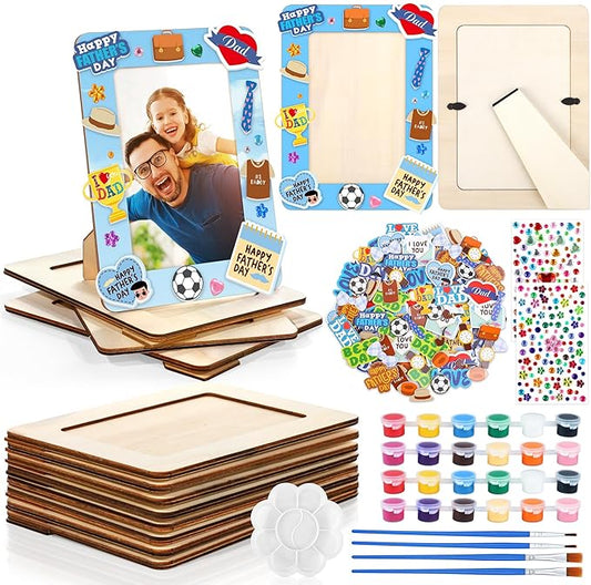 Fovths 12 Packs Father's Day Picture Frame Painting Craft Kit Wooden DIY Photo Frame for 4 x 6 inch Photo with 100 Stickers Rhinestone Stickers 4 Brushes Set for DIY Paint and Decorate