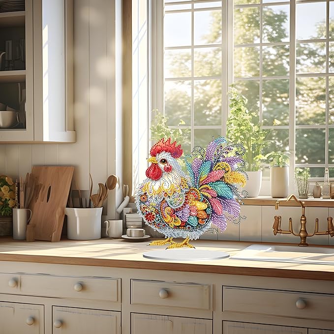 JJFox DIY Tabletop Diamond Art Painting Kit，Special Shaped Rhinestone Desk Placement Ornament，Home Stand Up Gem Painting Craft Kit，Gift，Double Sided. (Rooster-1)