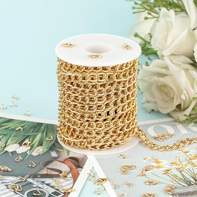 YOUBEIYEE 33 Feet Aluminum Chain for Jewelry Making, Gold Plated Cable Link Chains Bulk Handmade Decoration Craft Chain Roll