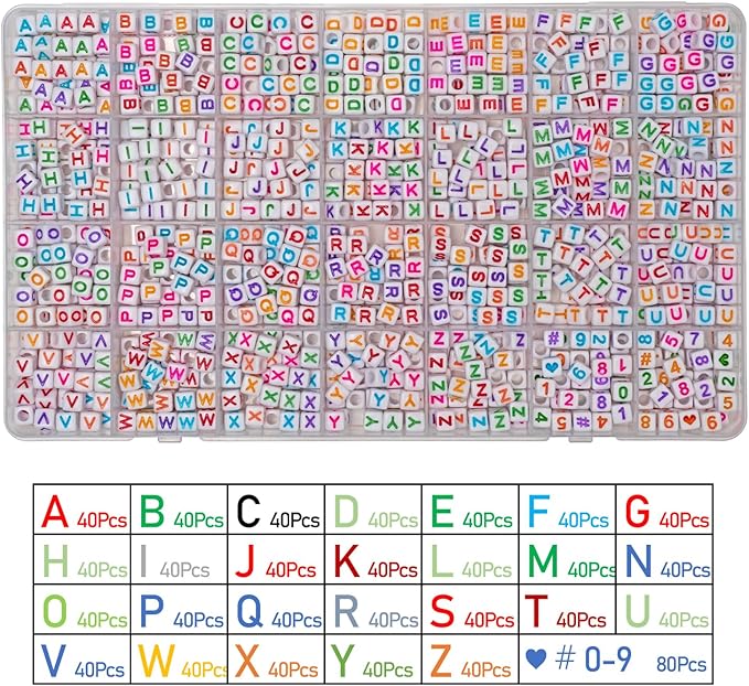 MELIUS Acrylic Square Letter Beads, 1120Pcs 6x6mm in Alphabetical Order A-Z Colorful Letter Beads with Numbers Beads for Jewelry Making, DIY Bracelets, Key Chains (6x6mm, Multicolored)