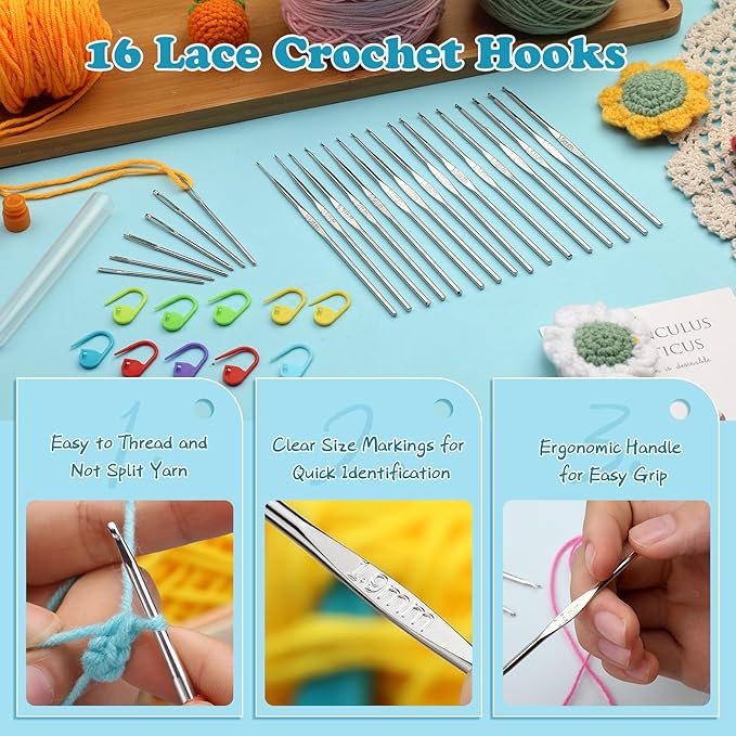 MORFEN 16 Pcs Lace Crochet Hooks Set, 0.5mm-2.5mm Small Crochet Hooks, Crochet Needles for Crocheting Yarn, Knitting Needles Set with Large-Eye Blunt Needles Stitch Markers