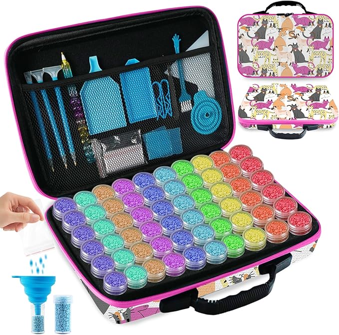 TAVOLOZZA Diamond Painting Storage Containers, 60 Slots Diamond Painting Accessories and Tools with Jars for Beads, Portable Diamond Art Organizer Case, Diamond Art Kit Storage Box, Pink