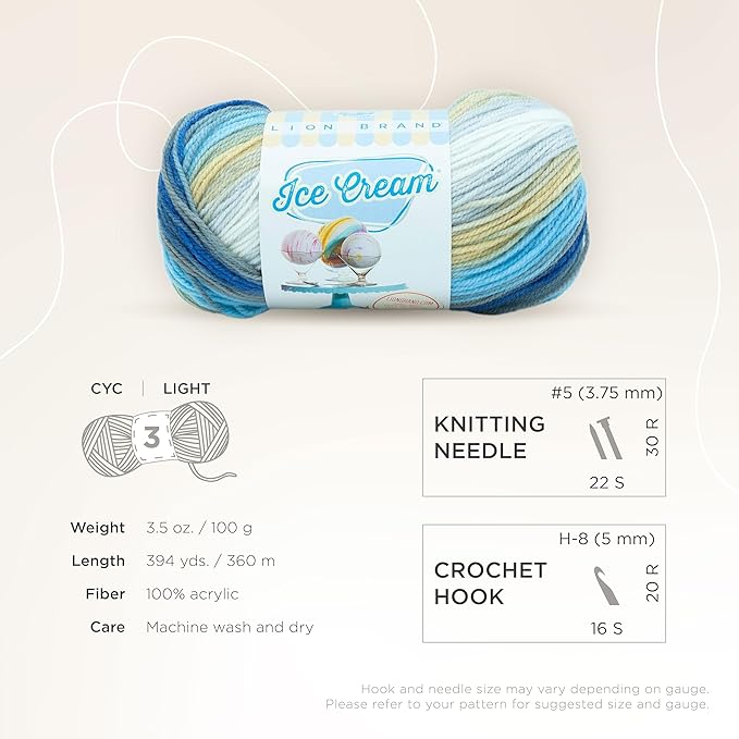 Lion Brand Yarn, Ice Cream Baby Yarn for Knitting, Crochet, and Crafts, Butter Pecan, 1 Pack, DK Weight Colorful Acrylic Fiber for Baby Blankets, Hats, and Sweaters