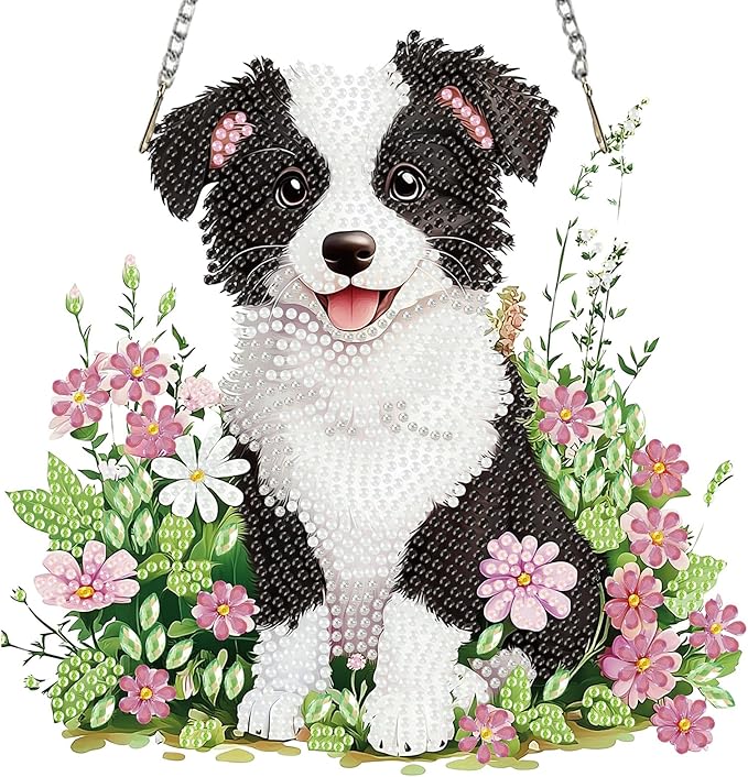 Miwixy Dog Hanging Diamond Art Kits for Adults,Black White Flowers Special Shaped Crystal Diamond Painting Ornament Kit DIY Double-Sided Pattern Window Pendant Gem Art Kit for Home Wall Decor