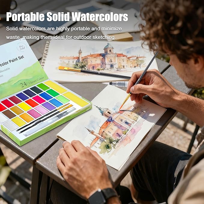 24 Colors Large Block Watercolor Paint Set for Watercolors Workbook, Portable Water Colors Paint Kit with 2 Paintbrushes 1 Waterbrush, for Painting Beginners & Professional Amateur Hobbyists(12Classic +8 Metallic +4 Fluorescent )