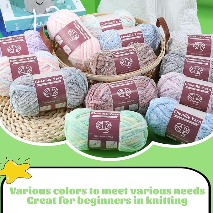 LUNARM Chenille Yarn for Crocheting Knitting, 3 Skein 10.58 oz / 263 Yard Thick Soft Chunky Fluffy Weaving Plush Yarn for Blankets Clothes Pattern with Big Eye Needles(Gray Ink Gradient)