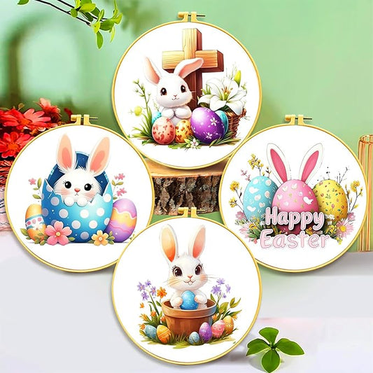 Zhenging Easter Cross Stitch Kit with 4 Bunny & EggPatterns -9.45x9.45 Inch Hoop, Pre-Printed Fabric,Threads, Tools -DlY Easter Craft Gift for Adults, HomeDecor