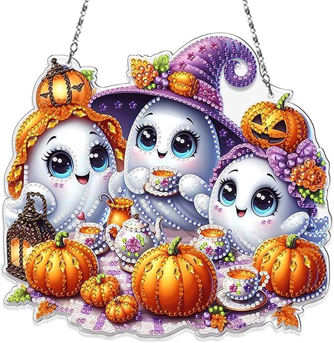 Diamond Art Hanging Kits for Adult, Fall Pumpkins Crafts Decor 5D DIY Acrylic Diamond Art Painting Ornaments, Window Pendants Wall Hanging Kits for Home Garden