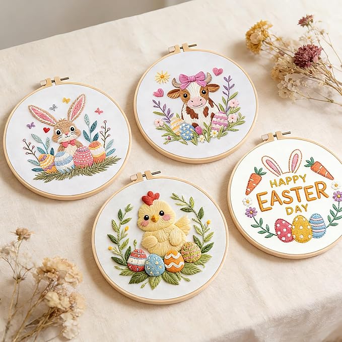BBLYBD Easter Embroidery Kit, 4 Set Cross Stitch Craft Kits for Beginners with Pre-Printed Embroidery Fabric, Hoops, Step-by-Step Instructions, Color Threads & Needles (Easter)