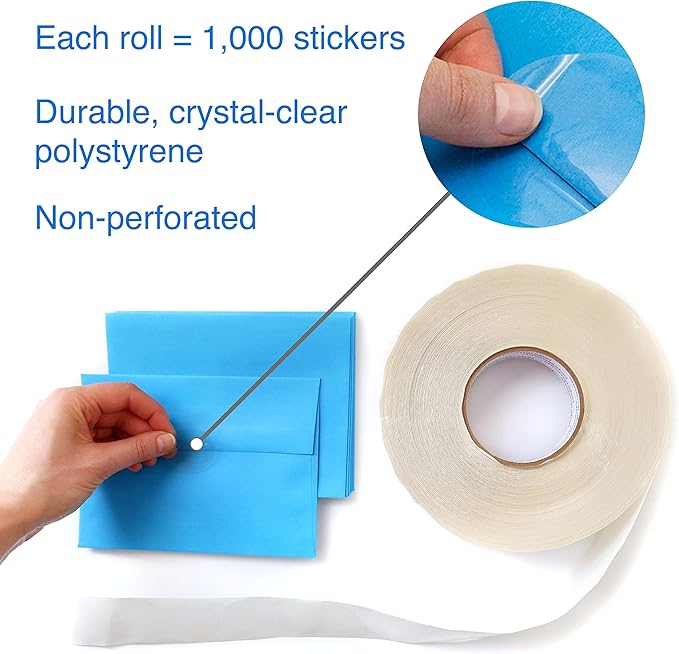 chromalabel 1.50 inch round stickers, wafer seals envelope sealer, office and library supplies seal stickers - 1000 envelope seals per roll, non perforated clear labels