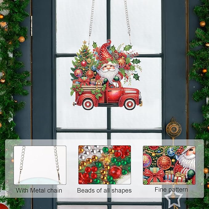 5D DIY Christmas Diamond Art Pendant Kit, Gnome, Christmas Tree & Car Design, Diamond Painting Hanging Ornament for Adults, Crystal Window & Door Decor, Holiday Gift Wall Home Decoration (24.1x23.4cm)