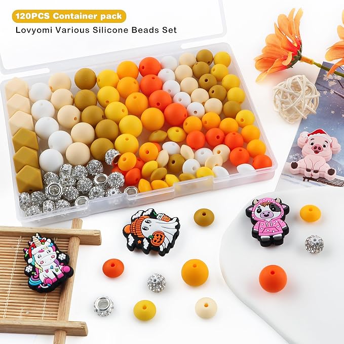 120Pcs Multicolor 12mm 15mm Silicone Beads for Keychain Making, 14mm Hexagon Beads Rhinestone Round Spacer 10mm for DIY Handicrafts(Yellow)