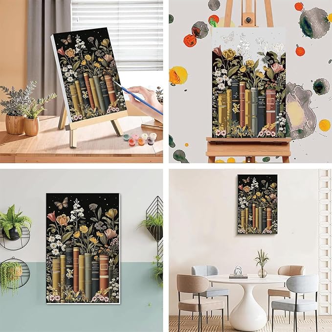 xackcme Book Paint by Numbers for Adults with Framed Canvas - with Wooden Easel, Flowers Paint by Number on Canvas, DIY Books Acrylic Oil Painting Kits with Brushes for Home Wall Decor (8x12 inch)
