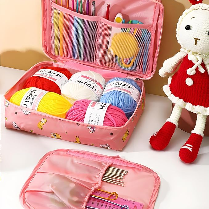 QRZLP Complete Crochet Kit with Storage Bag - 59-Piece Beginner Crochet Set Includes Yarn Balls, Crochet Hooks, Stitch Markers, Needles & Accessories for DIY Knitting, Amigurumi, and Craft Projects.