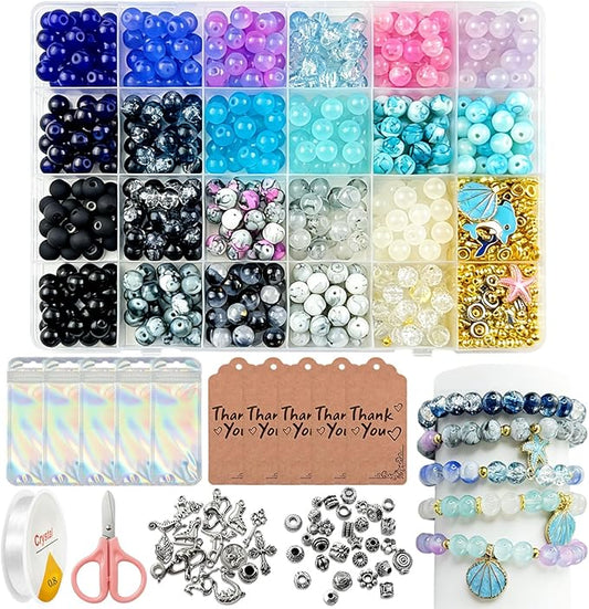Queenme Beads Bracelet Making Kit: 660pcs 8mm Round Glass Beads 22 Colors with Bracelet Accessories and Elastic String for DIY Jewelry Making at Home for Women