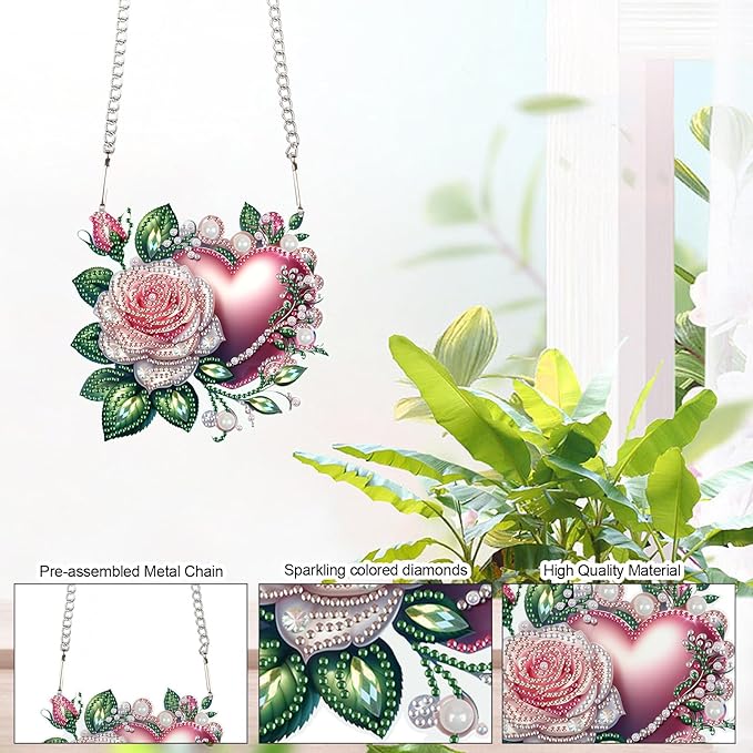 AiYuanzsh 5D Diamond Painting Hanging Pendant, DIY Rose and Heart Diamond Art Kit for Adults, Crystal Rhinestone Window Decoration, Wall and Home Ornament, Valentine’s Day Gift