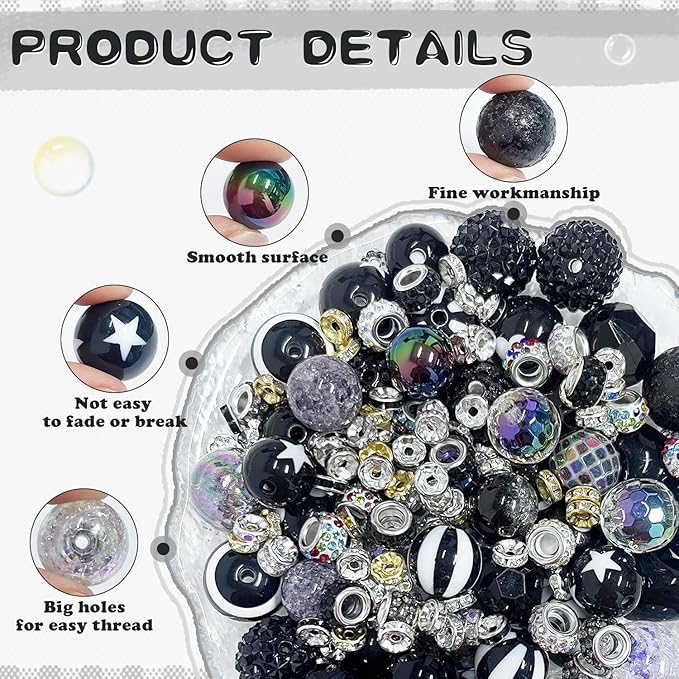 163 Pcs Pen Beads for Beadable Pens: Bubblegum Beads for Pen Making Bulk with Spacer Bead Rhinestone Bead (Black)