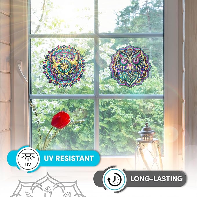 Hula Home Stained Glass Mandala Art Kit - Animal DIY Window Clings with Markers, 10 Suncatchers - Perfect Hobby for Adults, Kids, Teens & Seniors - Ideal Gift for Beginners, Women & Elderly - New