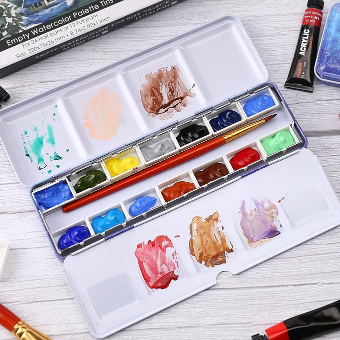 LOONENG Empty Watercolor Palette, Empty Watercolor Tin with Fold Out Palette, Medium Purple Watercolor Tray Palette with 14 Empty Full Pans for Plein Air Painting and Sketching