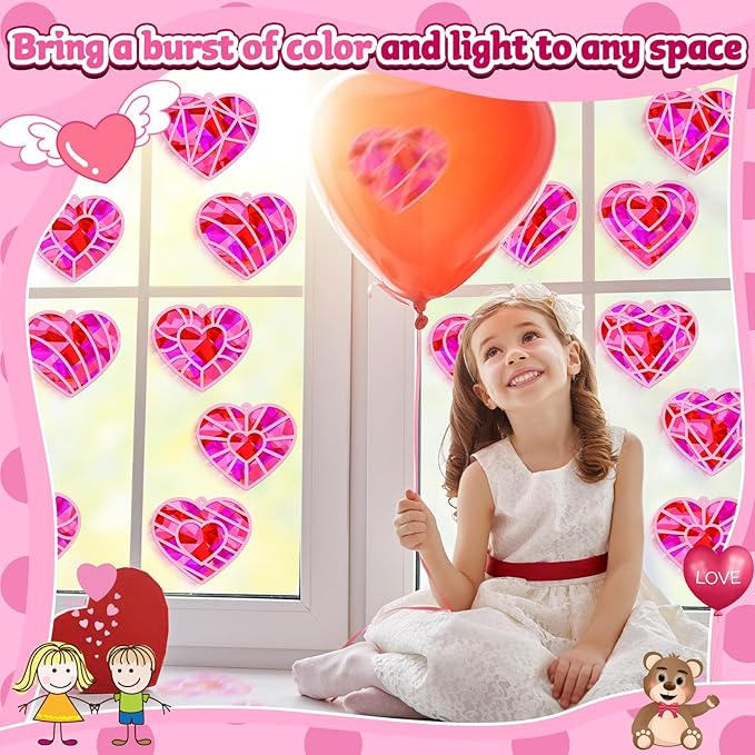 32 Sets Valentines Day Heart Suncatchers Craft Kit DIY Window Stained Glass Effect Valentines Heart Paper Crafts Home School Classroom Decoration Birthday Gift Creative Art Project & Activity Game