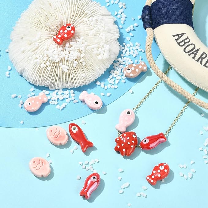 12Pcs Fish Ceramic Porcelain Beads for Jewelry Making 8 Styles Ocean Sea Beach Animal Spacer Beads for DIY Necklaces Earrings Bracelets Keychains Jewelry Findings Accessories
