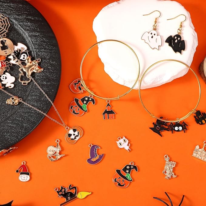 SANNIX 350Pcs Halloween Charms - Gold Enamel Pumpkin, Ghost, Skeleton, Bat, Witch for Jewelry Making Bracelets, Necklaces, Earrings, Craft Making
