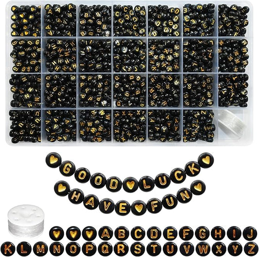 Looconi 1400pcs 4x7mm Black Letter Beads Round Acrylic with Gold Alphabet A-Z Heart Pattern Beads and Crystal Line for Jewelry Making (Black&Gold)