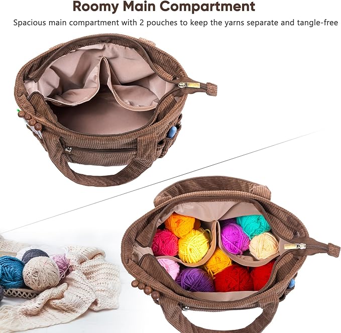Corduroy Crochet Bag 11.5" Large Yarn Storage Tote with Grommets, Needle Holders – Knitting Bag Organizer for Crochet Hooks, Accessories, Tools & Projects –Gift for Knitters & Crafters