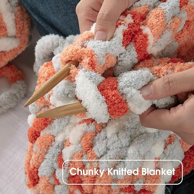 HOMBYS Chunky Tie Dye Mix Chenille Yarn for Hand Knitting, Super Bulky Jumbo Yarn for Crocheting, 3/4" Thick Soft Plush Yarn for Blankets, 8 Skein Pack (26 yds / 7.5 oz Each) Orange Grey White