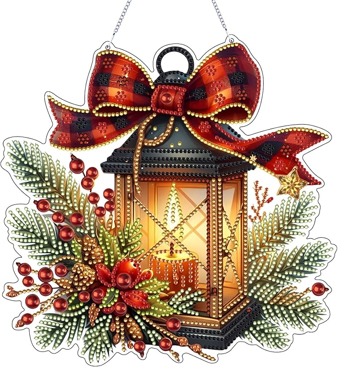 VODAPYC Christmas Diamond Art Hanging Kit for Adults, DIY Double Sided Special Shaped Diamonds Art Window Pendant Ornament for Home Decor(Candle Lamp)