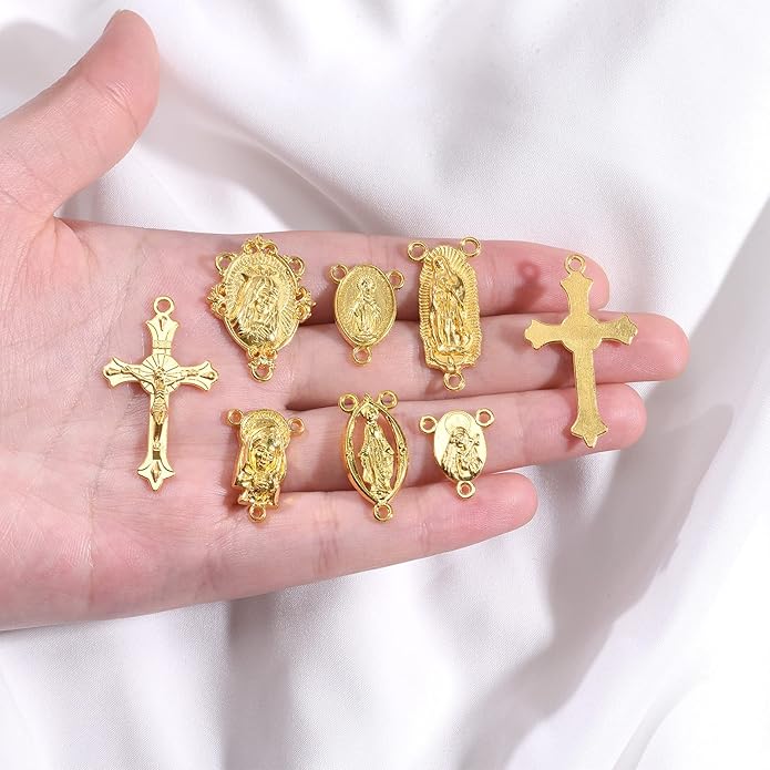 60Pcs/30Sets Rosary Making Kits Supplies Religion Cross and Center Medal Charms Jesus Crucifix Oval Alloy Pendant for Diy Prayer Necklace Catholic Jewelry