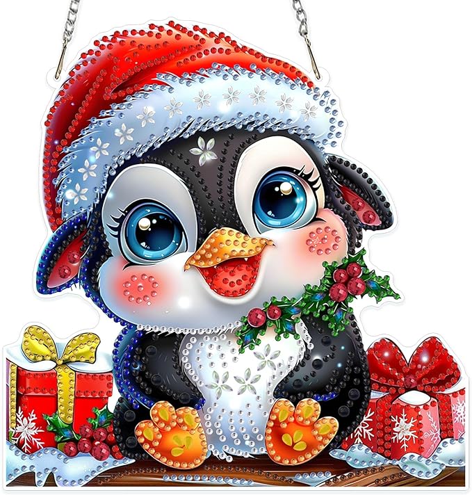 MOGTAA Christmas Diamond Art Hanging Kits for Adults Kids, Penguin Diamond Art Suncatchers, 5D Special Shape Winter Diamond Painting Window Pendant Kit for Home Garden Wall Decor