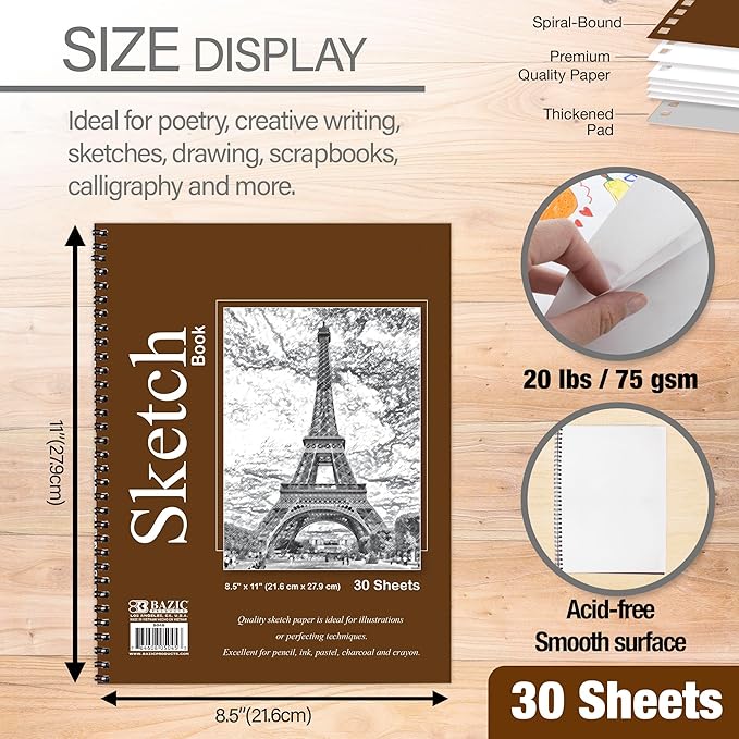 bazic products sketch pad, spiral sketchbook for artists & students, drawing pad with thick paper, sketching & drawing for kids, teens & adults, 30 sheets, 8.5" x 11", 2-pack