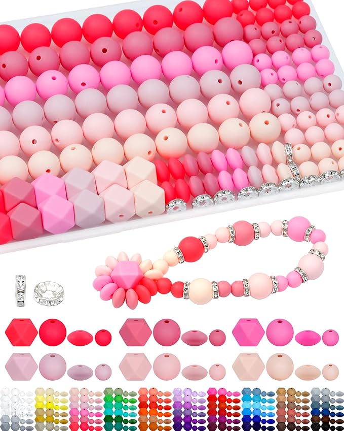 172PCS FIVEIZERO Silicone Beads for Keychain Making, 6 Mixed Colors Silicone Focal Beads Kit, 9mm & 15mm Round Lentil Hexagon Bead & Rhinestone Spacer Bead for Jewelry Making & Bracelets (Pink)