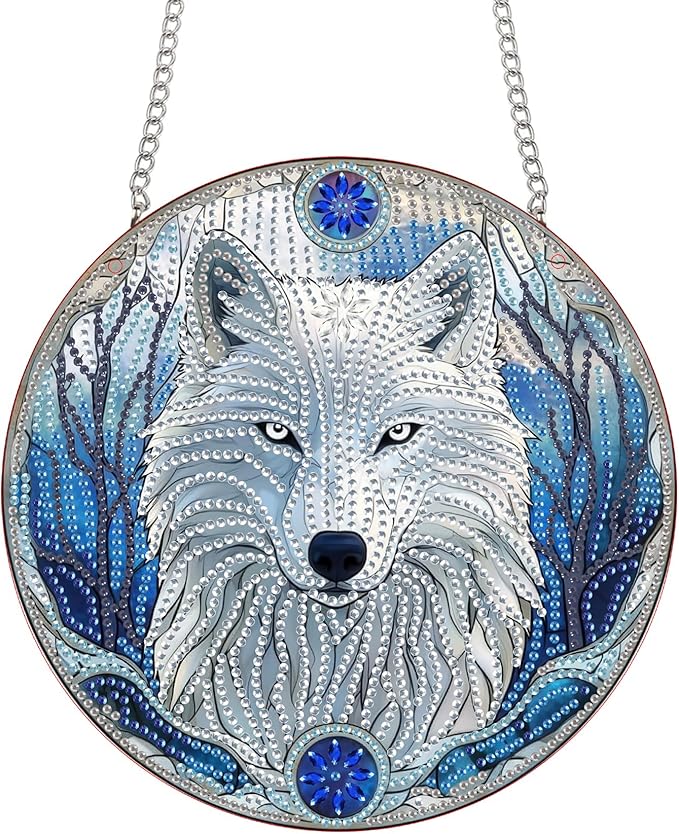 Bimkole White Wolf Diamond Art Hanging Kit for Adult, DIY 5D Diamond Art Animals Window Pendant, Acrylic Crystal Art Hanging Ornament Home Wall Garden Front Door Sign Outdoor Decor 7.8x7.8 Inch